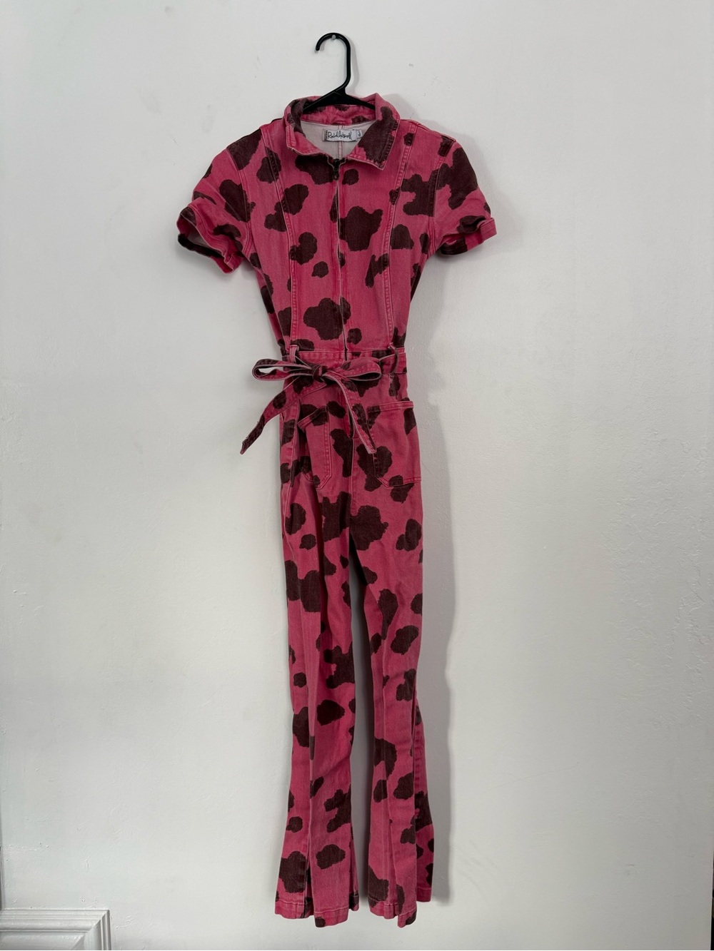 Pink Cow Print One-Piece Jumpsuit with Belt